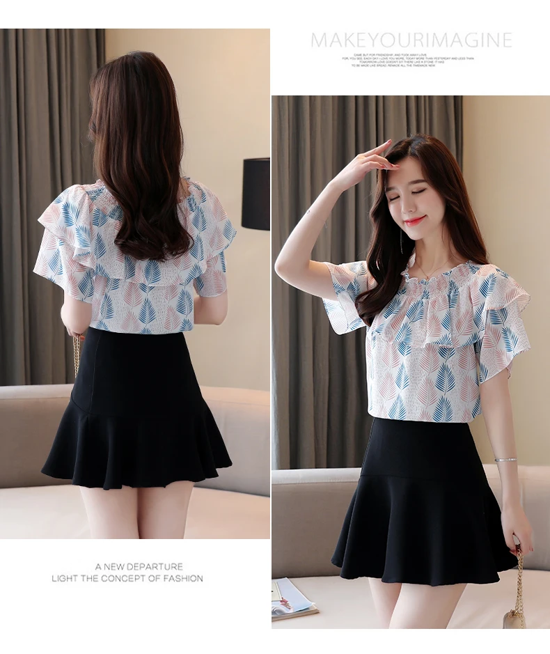 

Houthion Women's Blouses Short Sleeve Top Strapless Loose Printed Blouse Summer Print Slash neck Fashion Shirt New Chiffon