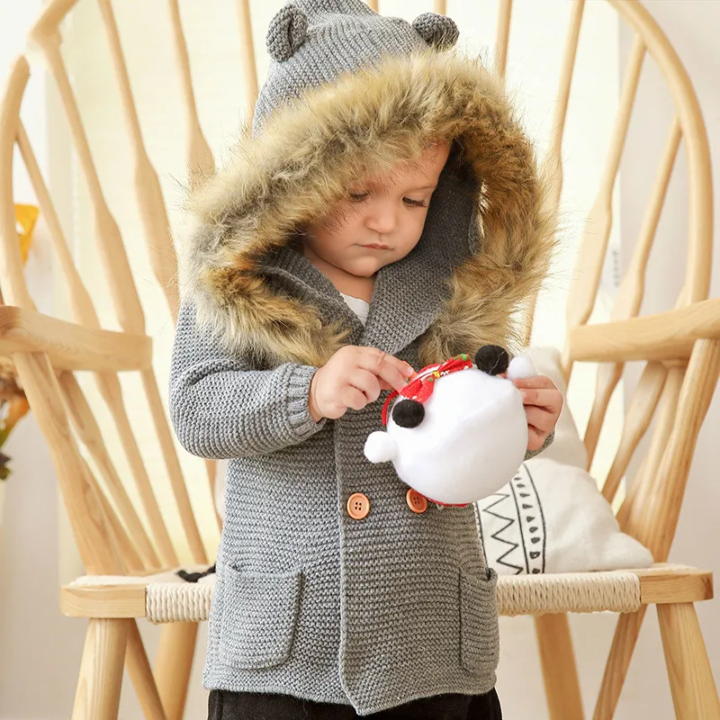 Baby Sweater Coat For Boys Girls Pocket Cardigan Autumn Winter Warm Hooded Fur Faux Collar Knitted Toddler Jacket | Детская одежда и