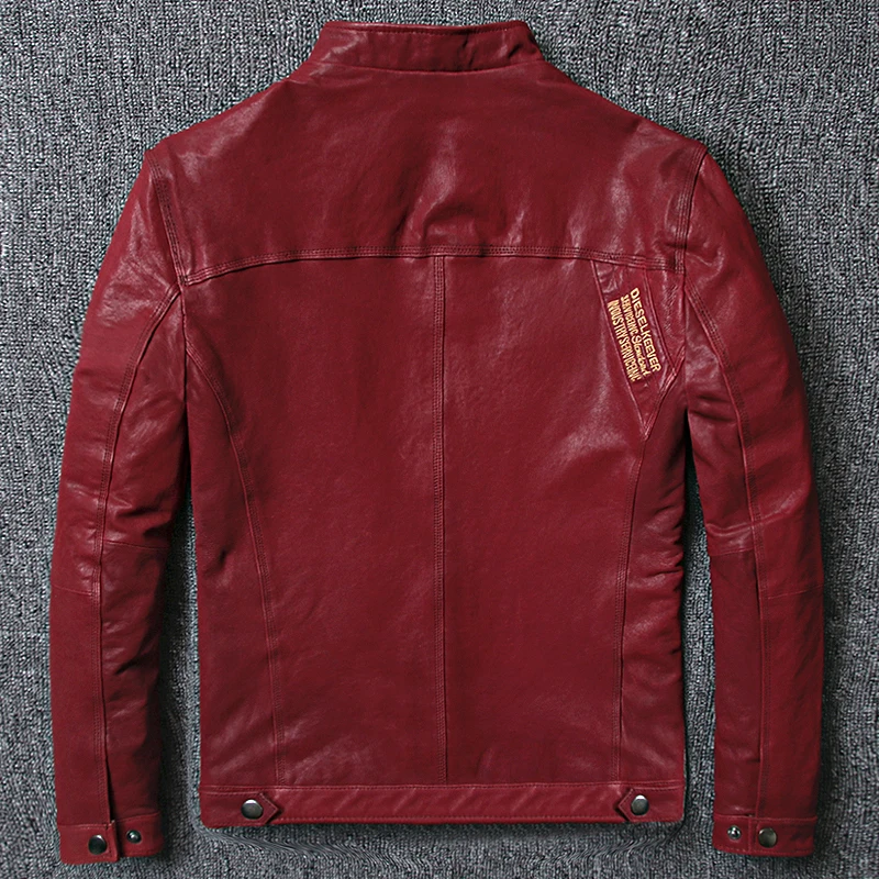 

Nice Shipping Slim Male Genuine Leather Jackets Sheepskin Red Color Fur Clothing Washing Leather Coat