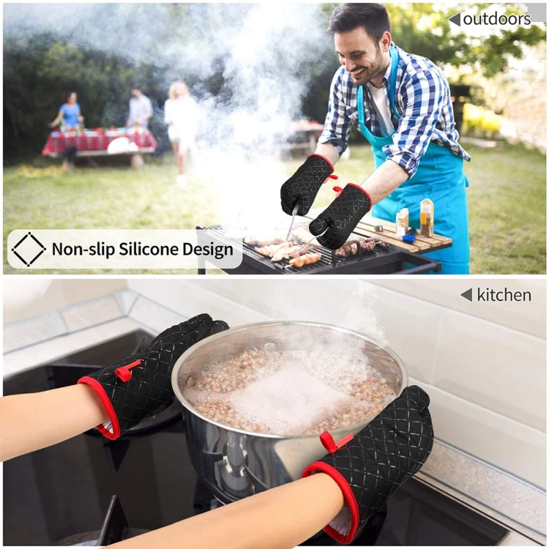 

2 Oven Mitts and 2 Pot Holder Set Heat Resistant Non-Slip Microwave Oven Mitts Kitchen Gloves for Baking Cooking