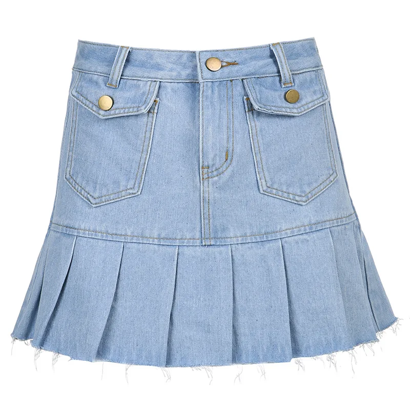 

Fantasize Blue Pleated Mini Skirts Women Denim Skirt Aesthetic Streetwear Ruffle Super Short Sexy Skirts Button Up Summer 2021