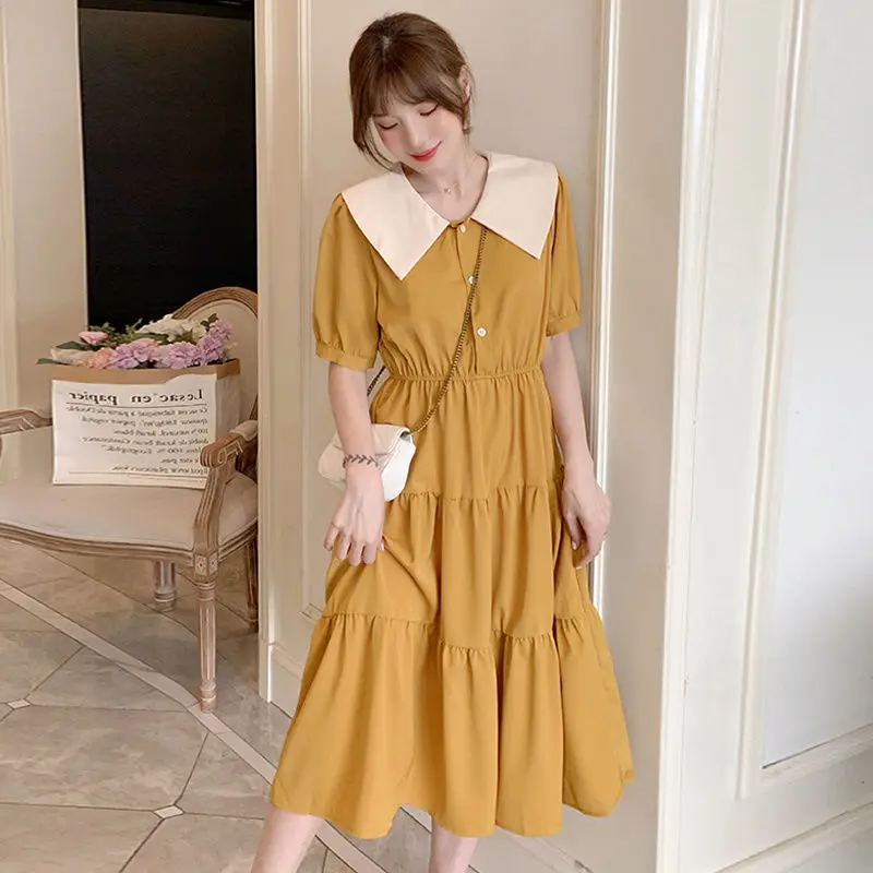 

Plus Size Women's Clothes Summer New Hot Sale Chiffon Dress High Waisted Peter Pan Collar Red/yellow Long Dresses M-4XL Y359