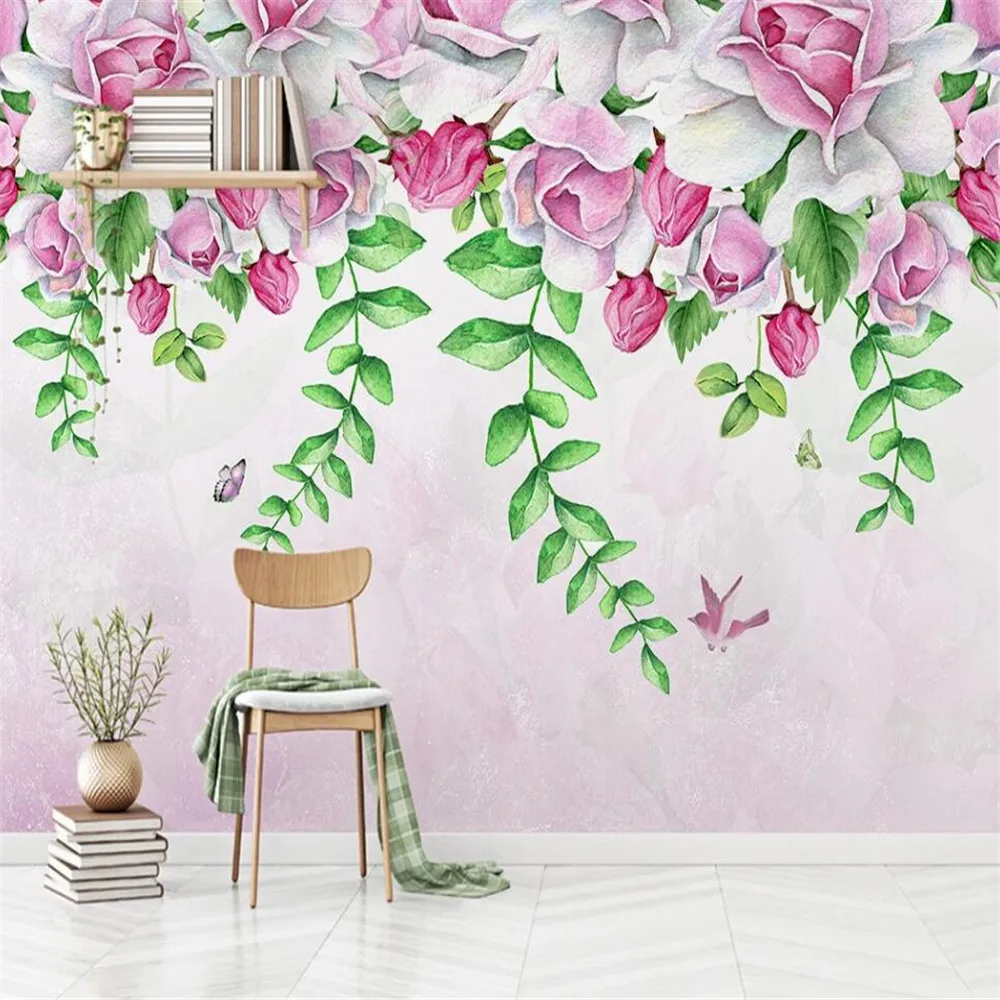 

3D обои Milofi на заказ, скандинавский простой ручной росписи, розовые цветы, птицы и бабочки, фон для украшения стены, обои mu