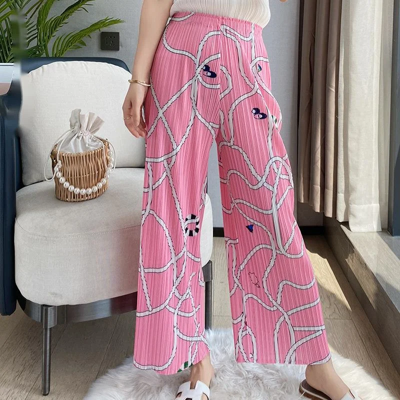 

Fold Printed Pants For Women Wide Leg Loose Casual Large Size High Elastic Waist Pleated Straight Summer 2021 E400