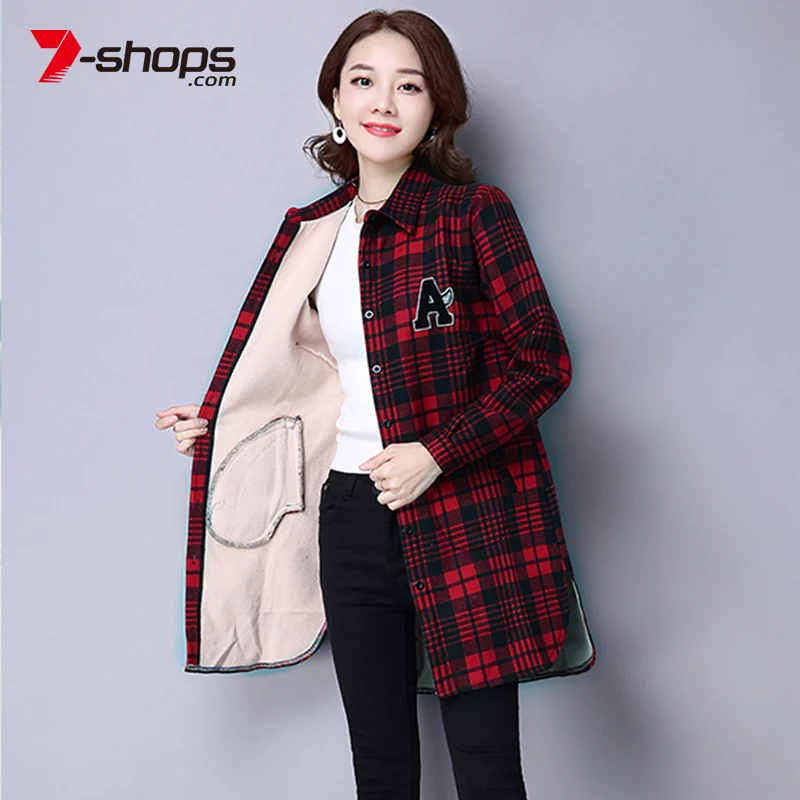 AECU Winter Shirts Warm Tops Women Long Sleeve Velvet Thick Shirt Long Outerwear Female Turn-down Collar Plaid Thicken Blouse