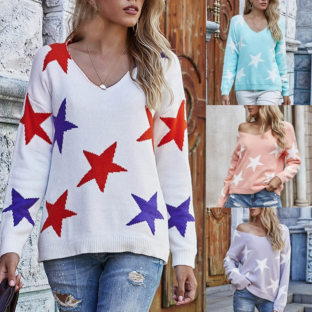 Женский с принтом пентаграммы пуловер свитер женский свободный вязаный длинным