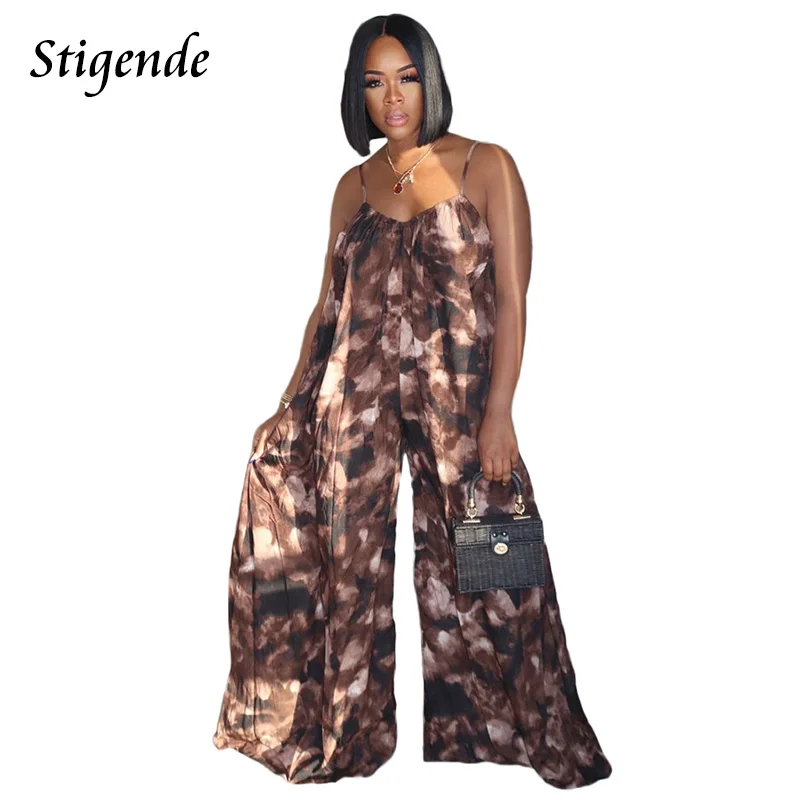 

Stigende Women Spaghetti Strap Camouflage Pocket Jumpsuit Casual Wide Leg Backless Loose Jumpsuit Summer Sexy V Neck Long Romper