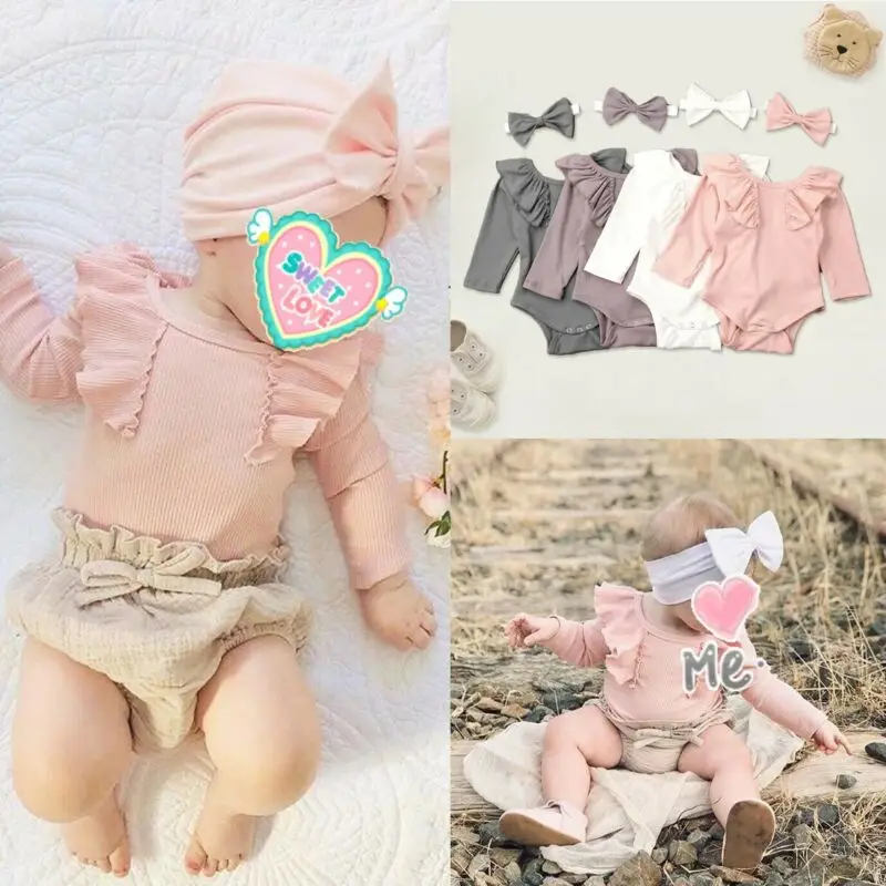2019 Baby Spring Autumn Clothing Newborn Girl Clothes Set Ruffle Solid Ribbed Bodysuits Long Sleeve Jumpsuit +Headband 2PCS | Мать и