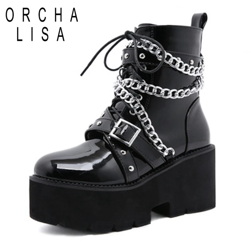 

ORCHALISA 2021 Autumn Lace-Up Motorcycle Boots Rivet Chains Women Punk Thick Platform High Heels Ankle Boots Gothic Style Shoes