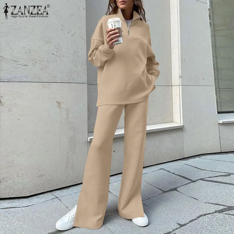 

Элегантный женский осенний однотонный комплект ZANZEA, свитшот с высоким воротником и брюки с разрезом сбоку, женские повседневные мешковатые...
