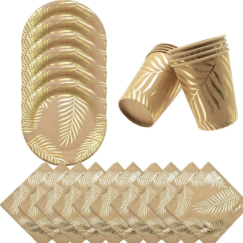 Гавайская искусственная Золотая фольга тарелки с тропическими пальмовыми