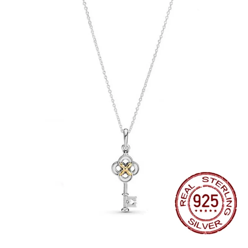 

HOT! 925 Sterling Silver Two Tone Key Flower Pendant Necklace Gold Sweater Charm Clavicle Chain Classic Jewelry Gift