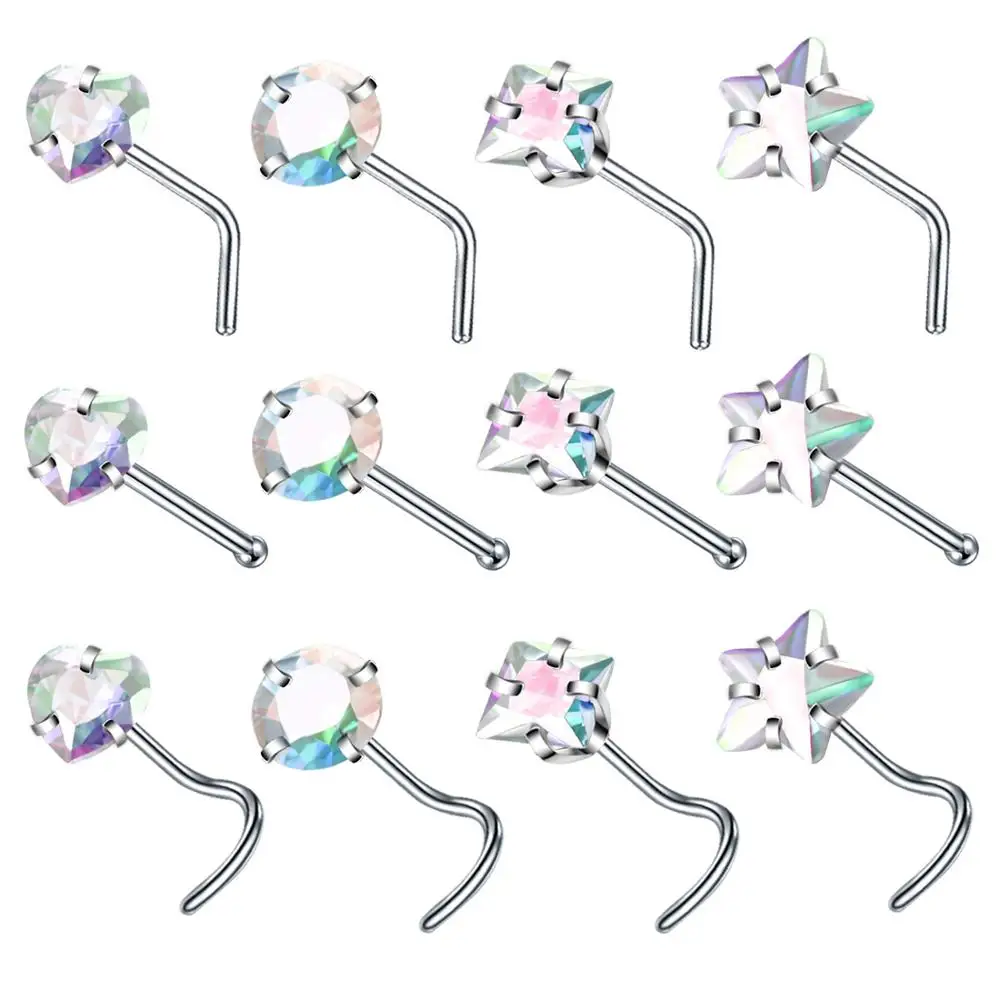 12 шт./лот набор зубцов с синим и розовым цирконием шнековые кольца для пирсинга