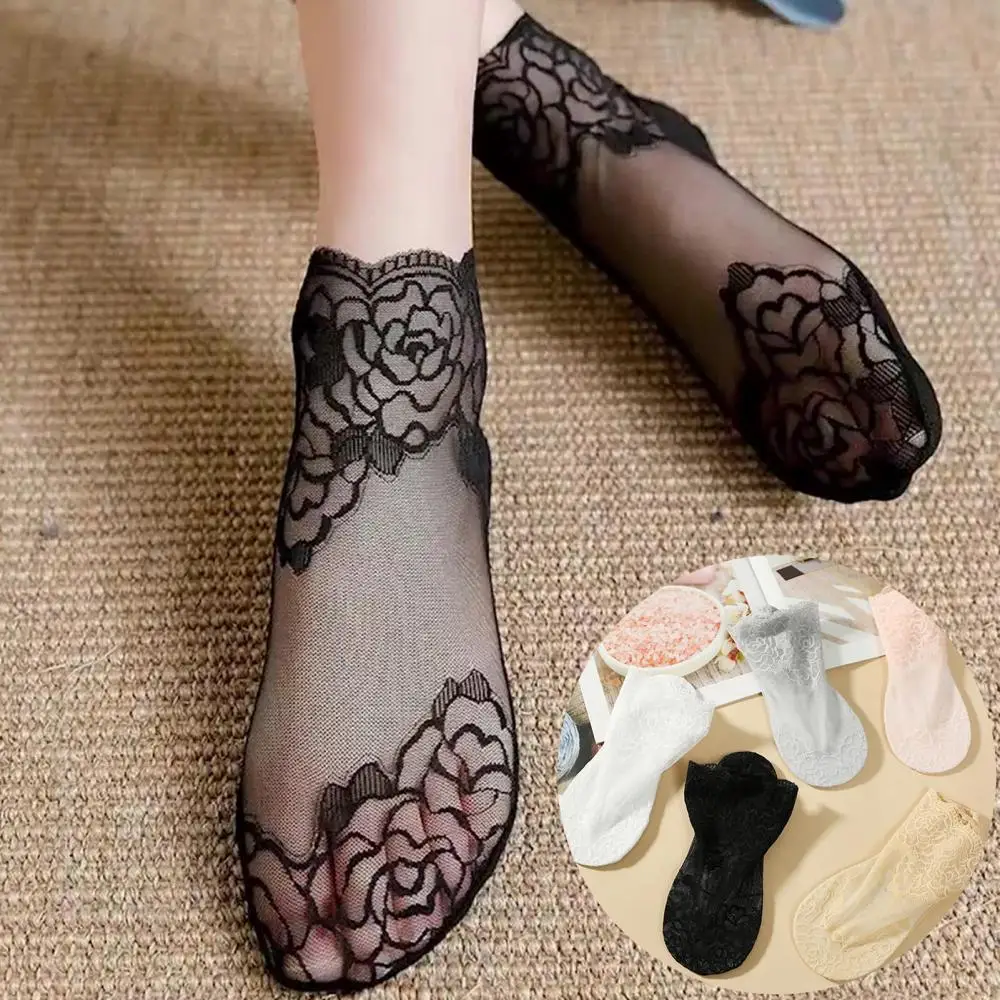 

Women Rose Lace Socks Thin Transparent Elastic Mesh Stockings Breathable Anklet