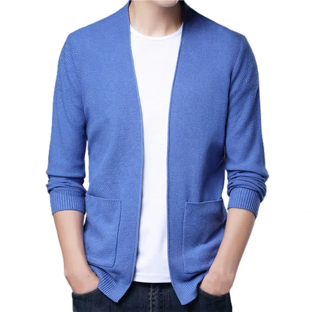 

Loose Men Casual Coat Solid Color Pockets Long Sleeve Ribbing Hem Fall Winter Men Business Cardigan Jacket