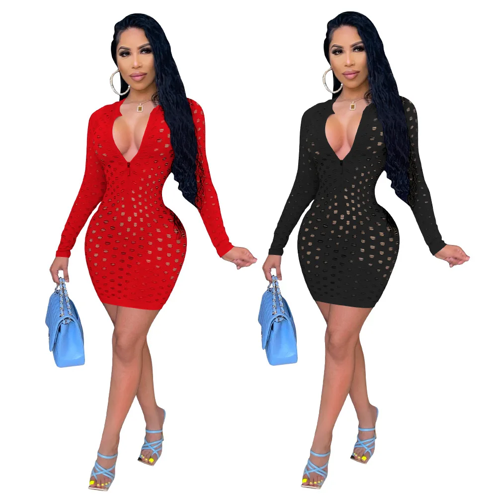 

2021 Autumn Women Dress Deep V-neck Full Sleeve Hollow Out Bodycon Streetwear Fitness Dress For Women Outfit
