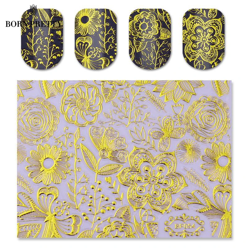 1 листа тиснением 3D ногтей наклейки розовый цветок # BP054 24913|nail art decals|3d nail stickersnail