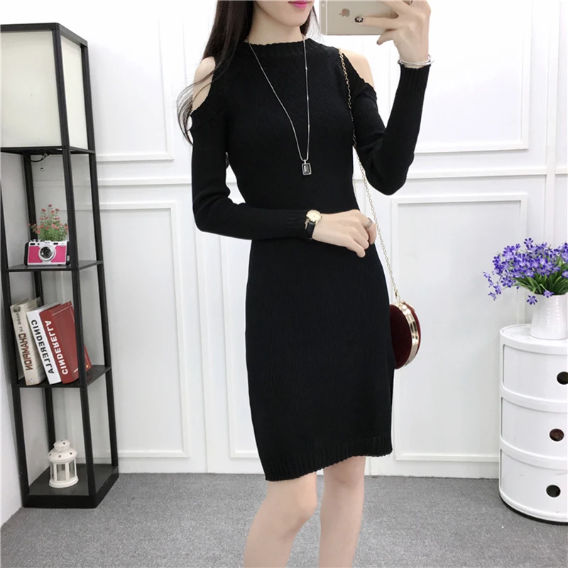 Холодное плечо 2019 трикотажное мини платье с длинными рукавами для женщин