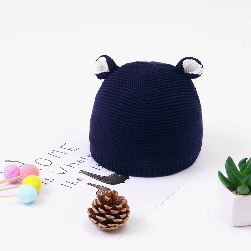 Милая вязаная шапка для новорожденных повседневная с ушками из мультфильмов