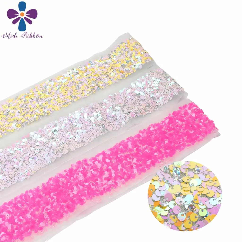3&quot75mm Scatter Sequin Tape (Back Side with Tulle 9.5cm Width Added 1cm Edge) 25.5yards/Pack (3*8.5y/roll) DIY Hairbow Neon Pink | Дом и