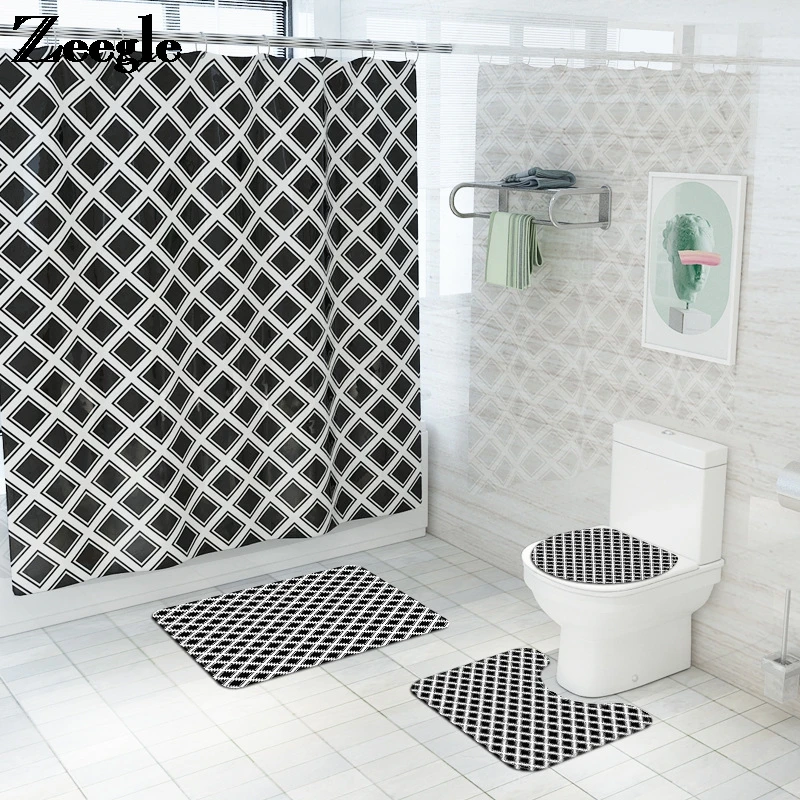 

Printed Abstract Bath Mat and Shower Curtain Toilet Carpet Microfiber Bathroom Mat and Flannel Rugs Anti Slip Shower Room
