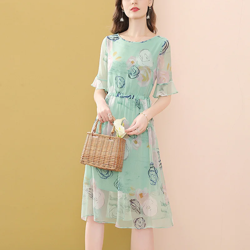 

EVNISI Printed Sweet Green Dress O-Neck Ruffle Short Sleeve Sashe Casual High Waist Vacation Beach Dresses Female Summer
