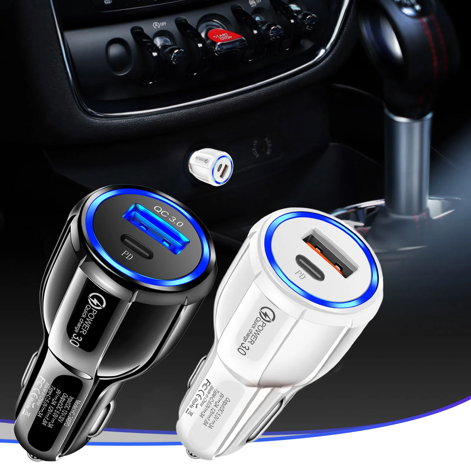 

30W Qc3.0 USB + PD Dual Fast Charging Car Charging With PD Type-C On-Board Fast Charging Flash Charging Car On board charger