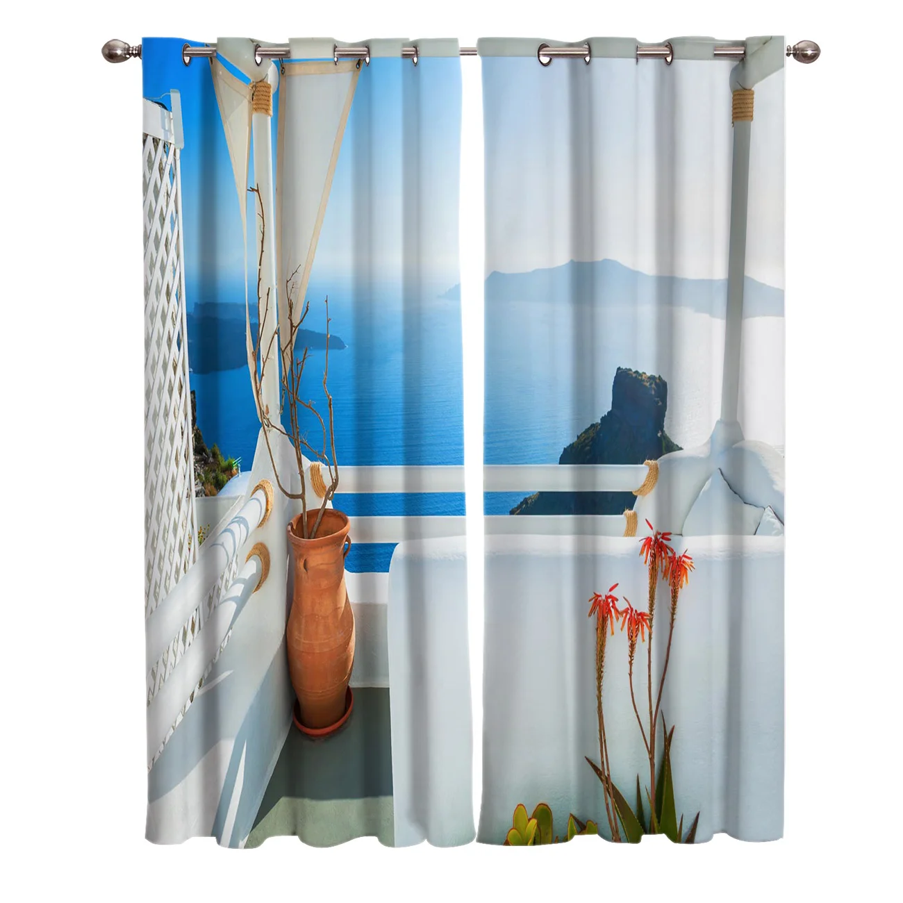 Море балкон греческий синий пляж окна шторы живописные для гостиной