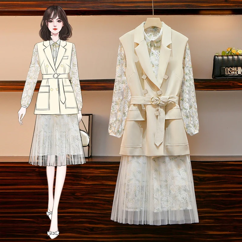 Design Office Lady 2 Piece Set Women Dress With Blazer Vest  Luxury Women's Clothing Womens Suits Blazer With Lace Dress