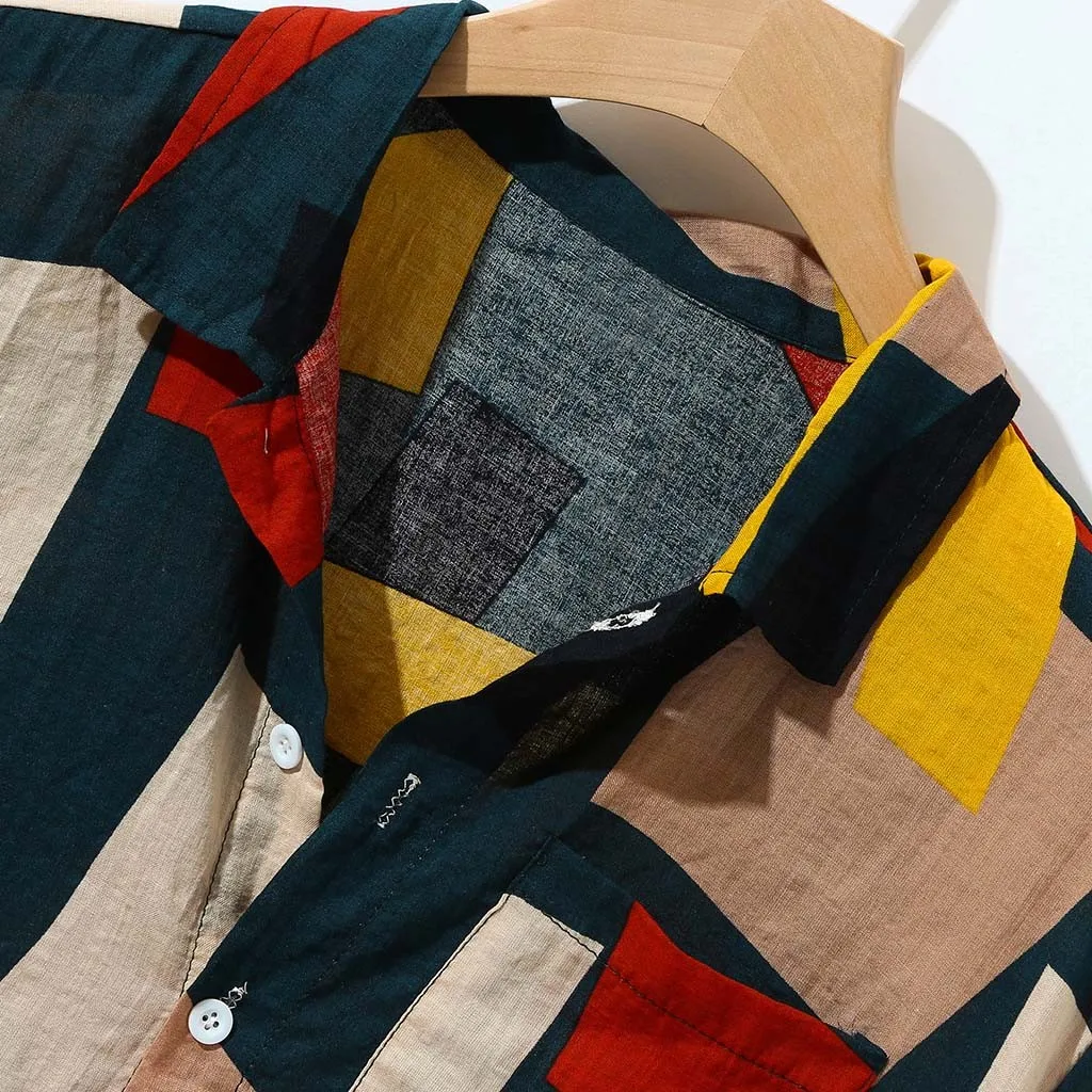 

Summer Men Hawaiian Shirt Loose Pocket Geometric Print Short Sleeve Lapel Neck Buttons Casual Beach Shirts Men 2021 Streetwear