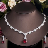 threegraces luxury red cubic zirconia crystal party necklace and earring bridal wedding banquet jewelry set for brides tz543