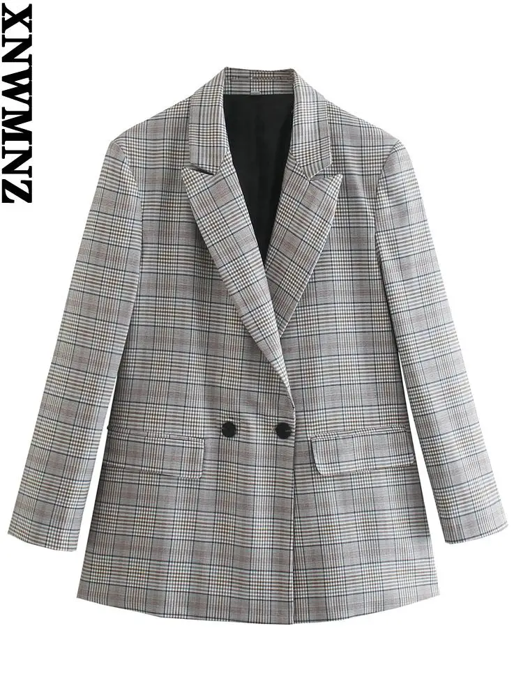 

XNWMNZ oversized check blazer Women Fashion lapel collar long sleeve double-breasted female blazer vintage pronounced shoulders