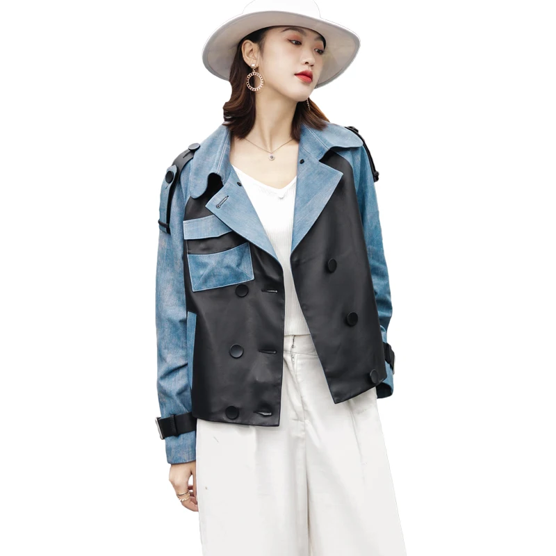 

JCHB 2021 genuine Autumn New leather jacket women's short contrast color sheepskin jacket long sleeve fashion leather jacket