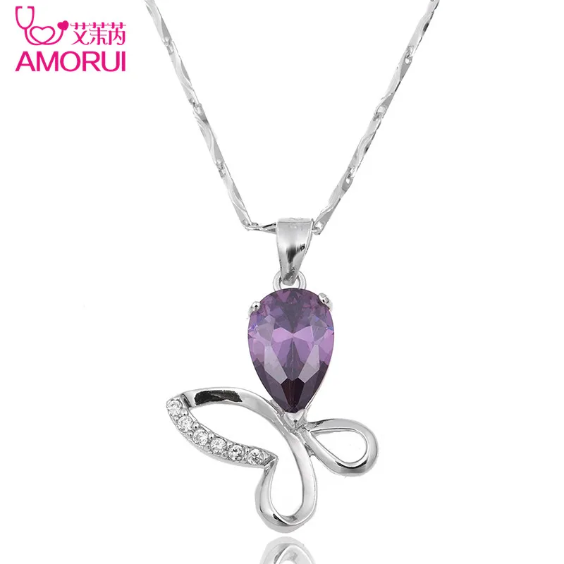 

AMORUI Fashion Purple AAA Cubic Zircon Butterfly Pendant Women Necklace Silver Color Chain Necklaces & Pendants for Women Gift