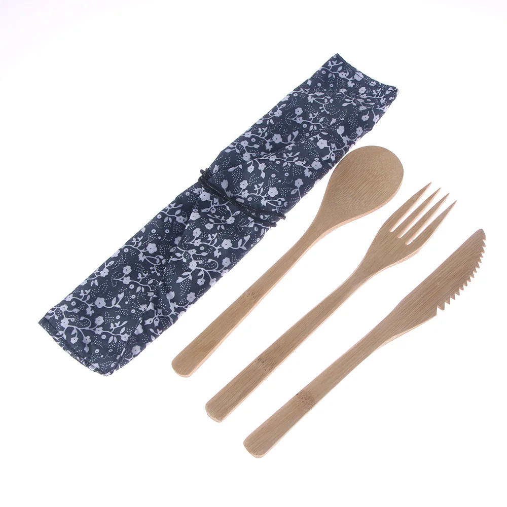 Bamboo Wooden Cutlery Set Spoon Fork Cutter Cutting Reusable Kitchen Tool Bag | Дом и сад