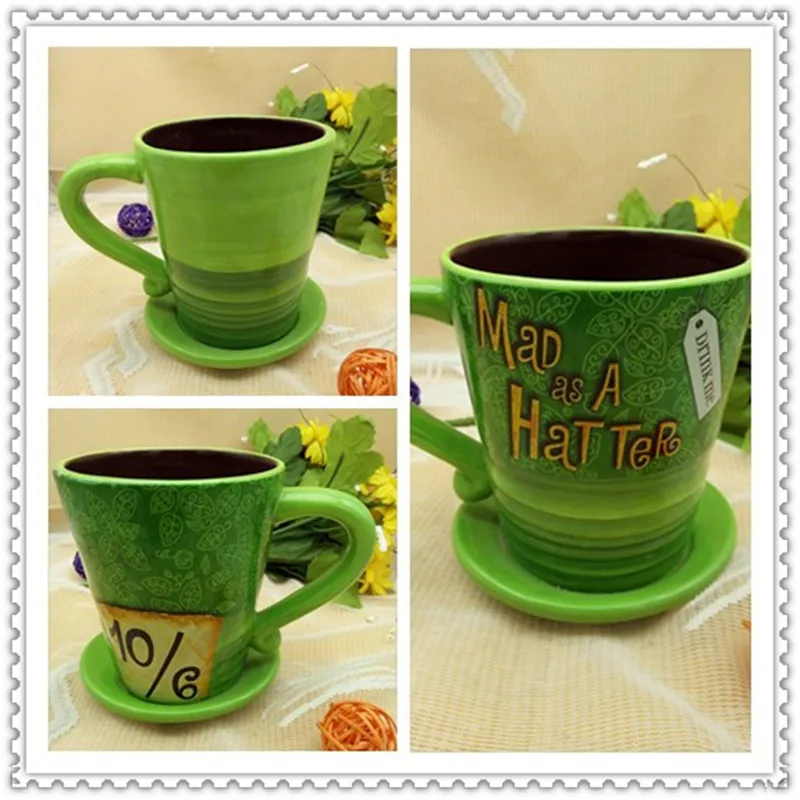 Керамическая кофейная кружка с зелеными шапками в стиле Alice In Wonderland подарок на
