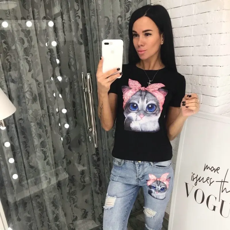 Новинка 2019 женская рубашка летняя с принтом кота круглым вырезом короткими