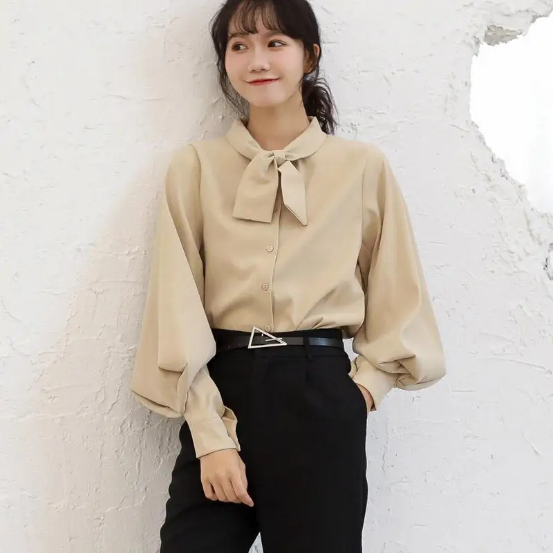 

Women Casual Style Puff Sleeve Shirt Spring And Autumn Elegant Bow Tops