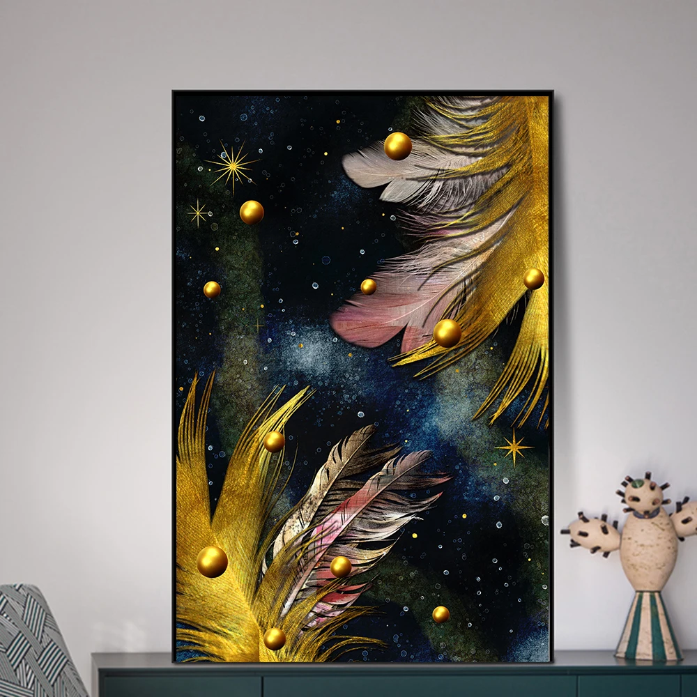 

Nordic Abstract Colorful Feathers with Golden Pearl Rich Tree Canvas Painting Wall Pictures for Living Room Cuadros Home Decor