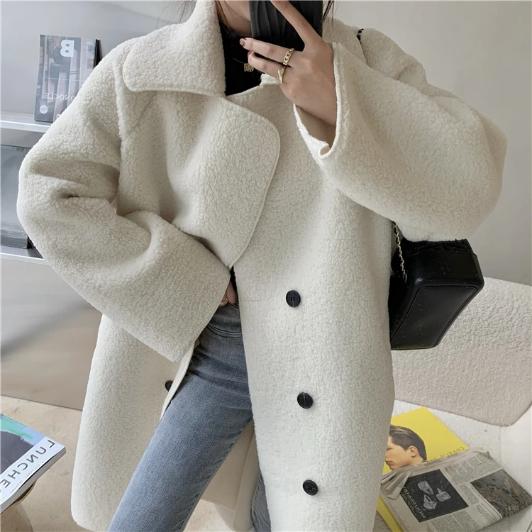 

INS Korean 2020 Winter Lambswool Women Coat Solid Notched Double Breasted Abrigo Mujer Elegant Ladies Thicken Warm Manteau Femme