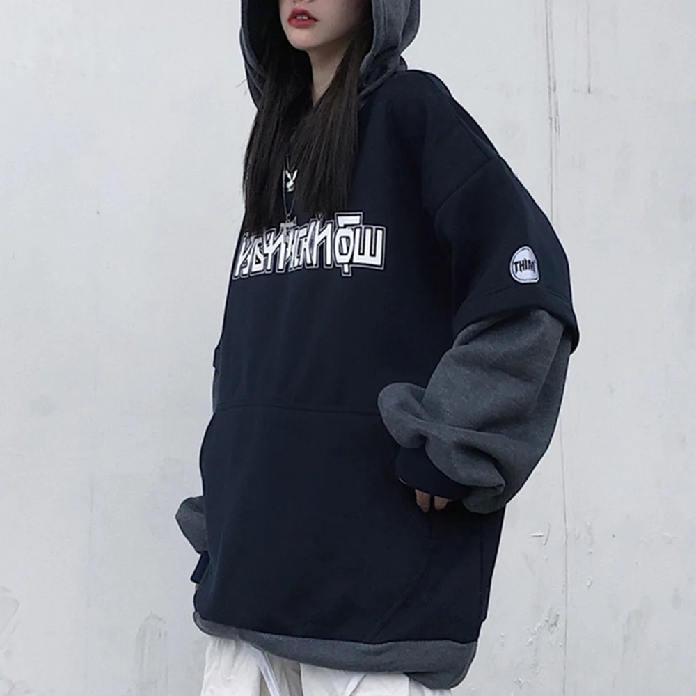 

2021 Hip Hop Women Winter Hoodies Oversize Hooded Thick Gothic Hoodies Warmness Harajuku Letter Patchwork Pullovers Sweatshirts