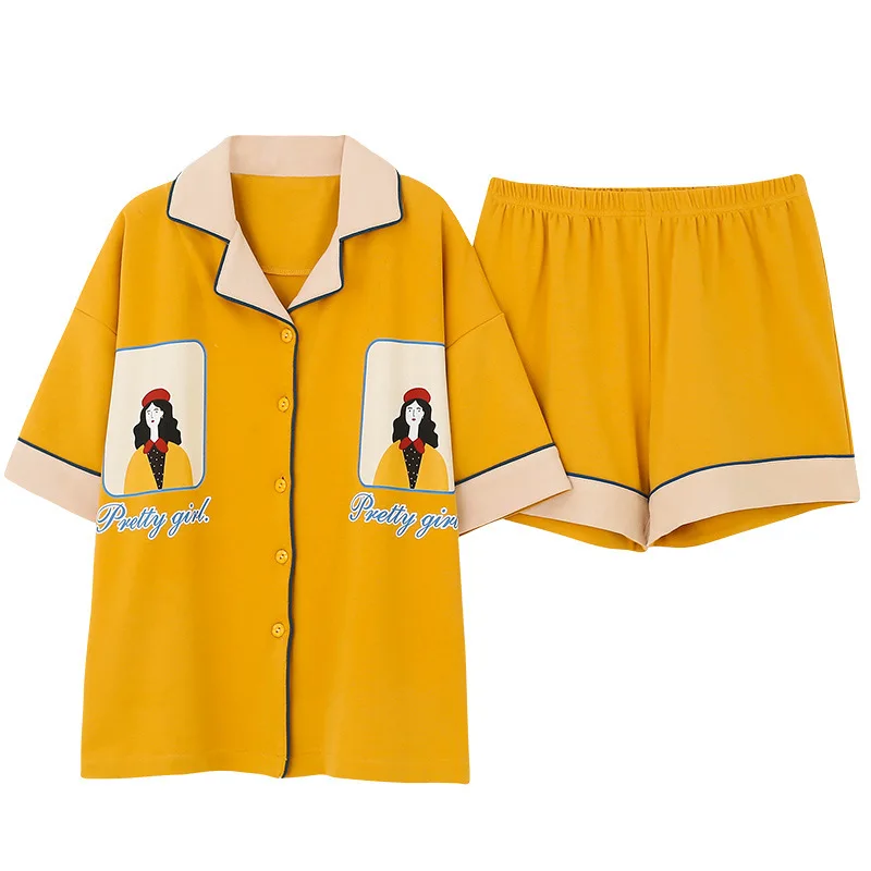 

2021 summer new style Korean cute cotton pajamas women's short-sleeved shorts cardigan women's home service