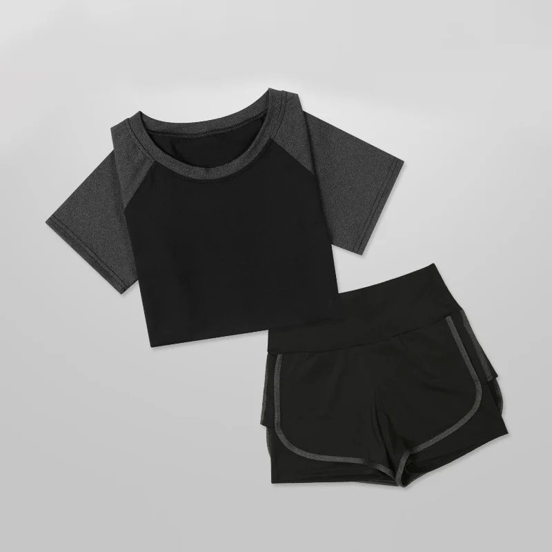 Black-shorts Сексуальный комплект для йоги, для фитнеса, женская футболка для бега+ дышащие штаны, одежда, леггинсы, для йоги, спортзала, тренировки, спортивный комплект, комплект для йоги - Цвет: Black-shorts