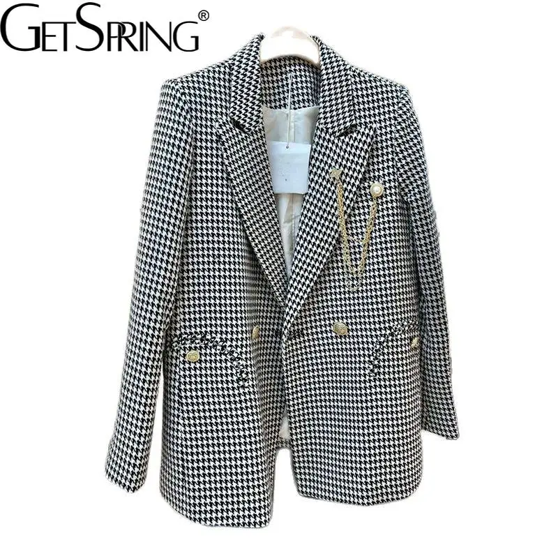 

GetSpring Women Blazer Plaid Suit Blazer Double Breasted Long Sleeve Ladies Coat Loose Casual Women's Suit Jacket Autumn 2021
