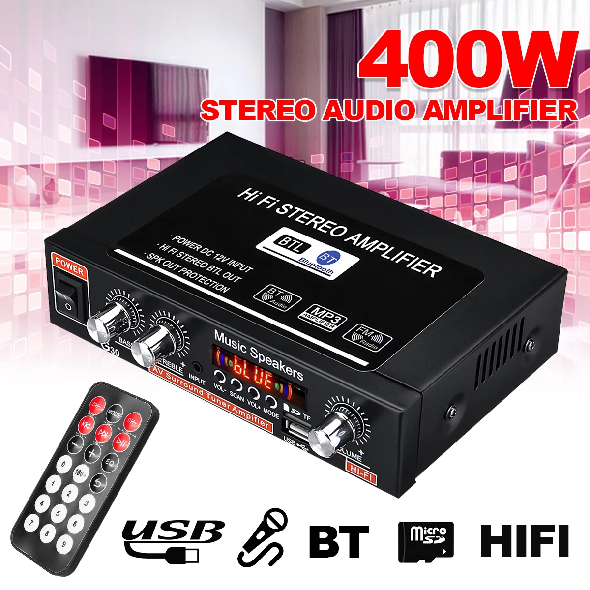 

Мини Hi-Fi усилитель для дома и автомобиля, 12 В/220 В, 400 Вт, 2 канала, bluetooth, USB, SD, FM-радио