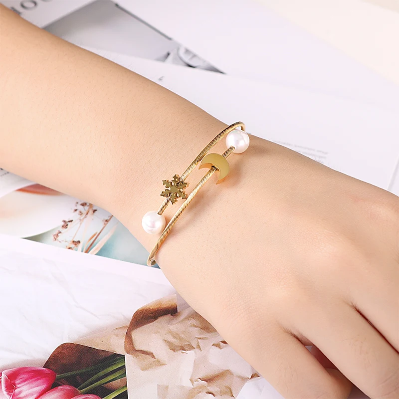 Женский браслет из нержавеющей стали под розовое золото с искусственным