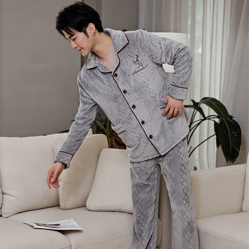 Thicken Casual Flannel Sleep Suit Warm Home Clothes 2PCS Pajamas Suit Men Autumn Winter New Sleepwear Nightwear Shirt&Pants