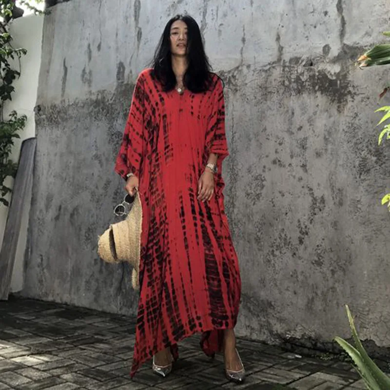 

2021 Bohemian Striped V-neck Batwing Sleeve Summer Beach Dress For Women Plus Size Streetwear Moroccan Caftan Maxi Dresses A552