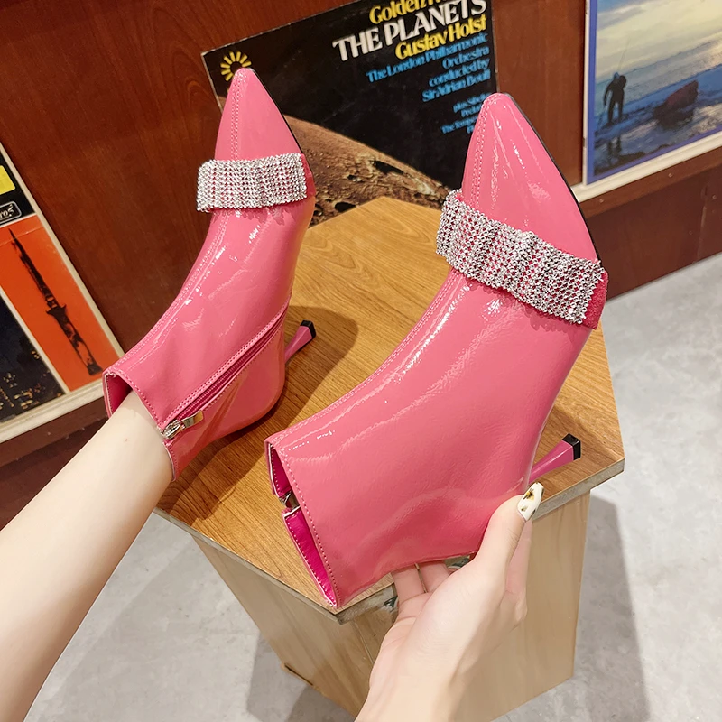 

Fashion Pointed Toe Rhinestone High-heeled Single Boots Solid Color Stiletto Women's Boots Party Sexy Women's Shoes 2021