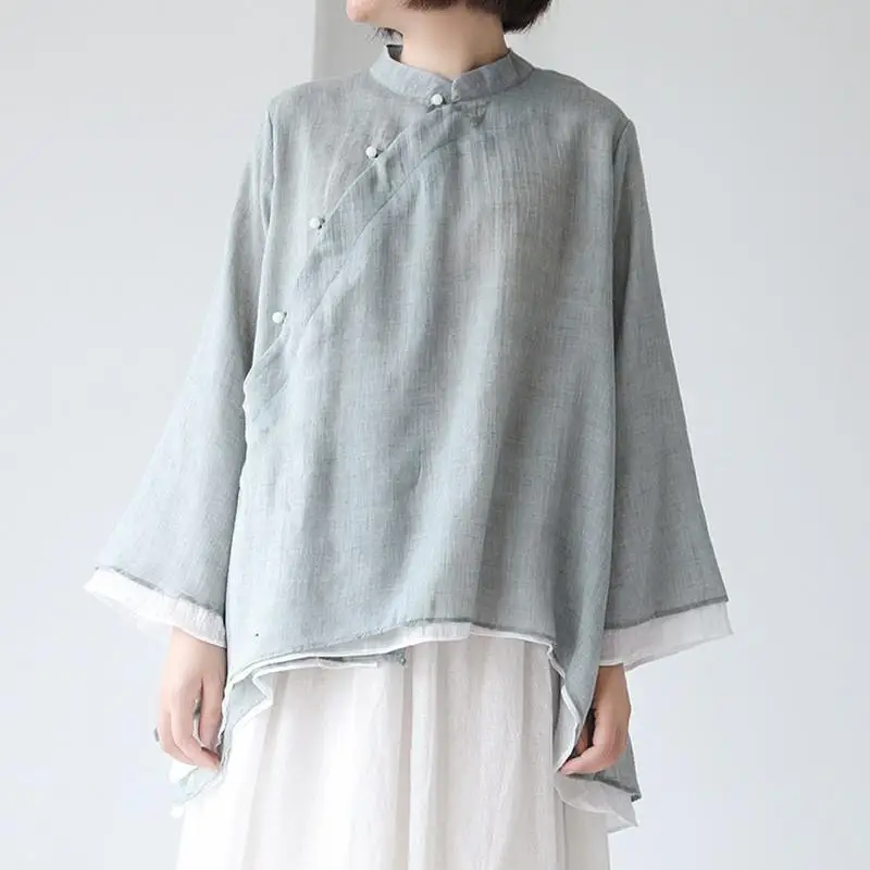 

Chinese Women Blouse Retro Traditional Vintage Oblique Shirt Zen Summer Cotton Oriental Woman Tops Mandarin Collar Cheongsam